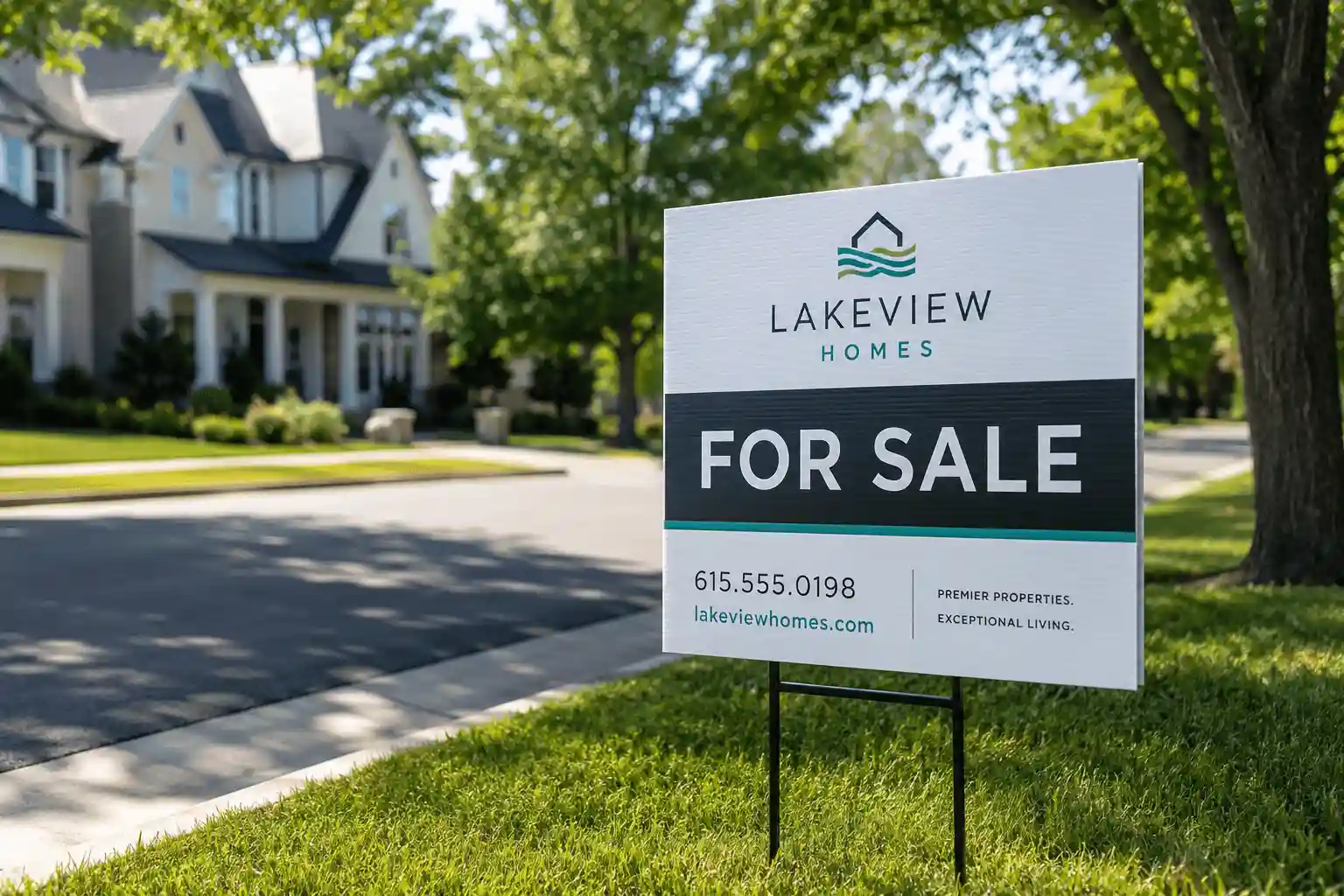 Real estate coroplast yard sign installed in front of a residential property
